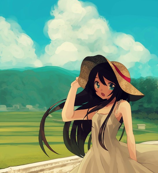 Anime picture 1500x1642 with original shigure ui single long hair tall image looking at viewer open mouth blue eyes black hair bare shoulders sky cloud (clouds) mountain girl dress hat sundress