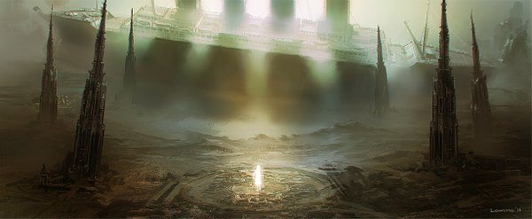 Anime picture 1225x505 with original ronin single long hair wide image underwater ruins water stone (stones) watercraft ship boat