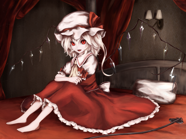 Anime picture 1600x1200 with touhou flandre scarlet moose (moosu193) single long hair looking at viewer fringe open mouth blonde hair hair between eyes red eyes sitting full body bent knee (knees) indoors barefoot short sleeves fang (fangs) puffy sleeves one side up