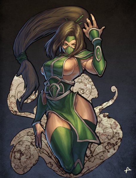 Anime picture 2935x3842 with league of legends akali (league of legends) penett (artist) single long hair tall image looking at viewer highres breasts light erotic black hair large breasts green eyes ponytail girl thighhighs mask