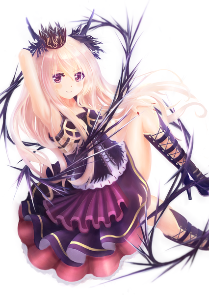 Anime picture 1278x1800 with original alc (ex2 lv) single long hair tall image looking at viewer blush smile white background purple eyes white hair armpit (armpits) arm behind head girl dress boots crown