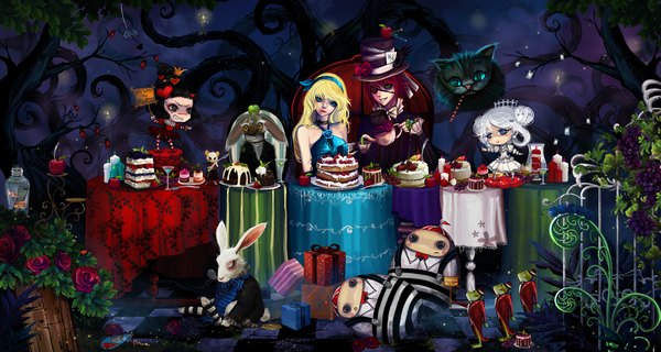 Anime picture 3534x1887 with alice in wonderland alice (wonderland) white rabbit cheshire cat queen of hearts mad hatter humpty dumpty jinkimania (artist) long hair blush highres short hair blue eyes black hair blonde hair smile wide image bare shoulders multiple girls green eyes