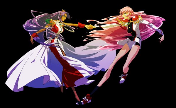 Anime picture 1248x768 with revolutionary girl utena j.c. staff tenjou utena himemiya anthy long hair blue eyes simple background wide image green eyes pink hair purple hair sleeveless dark skin holding hands girl dress tiara