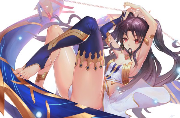 Anime picture 1920x1260 with fate (series) fate/grand order ishtar (fate) duan henglong single long hair highres breasts light erotic black hair simple background red eyes white background holding barefoot arms up armpit (armpits) two side up pantyshot sideboob