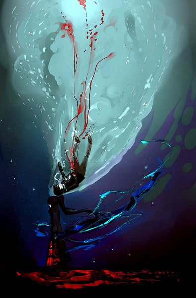 Anime picture 2700x4100 with tower of god baam jyu viole grace long hair tall image highres short hair black hair ponytail underwater falling girl blood