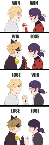 Anime picture 651x1920 with miraculous ladybug marinette cheng adrien agreste ladybug (character) chat noir tagme (artist) tall image blush short hair open mouth blue eyes simple background blonde hair white background twintails green eyes animal ears purple hair profile aqua eyes