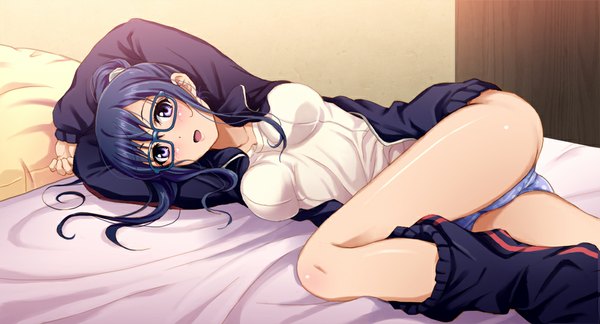 Anime picture 1000x540 with shirobako p.a. works imai midori shian (my lonly life.) single long hair looking at viewer blush open mouth blue eyes light erotic wide image blue hair lying girl underwear panties glasses bed