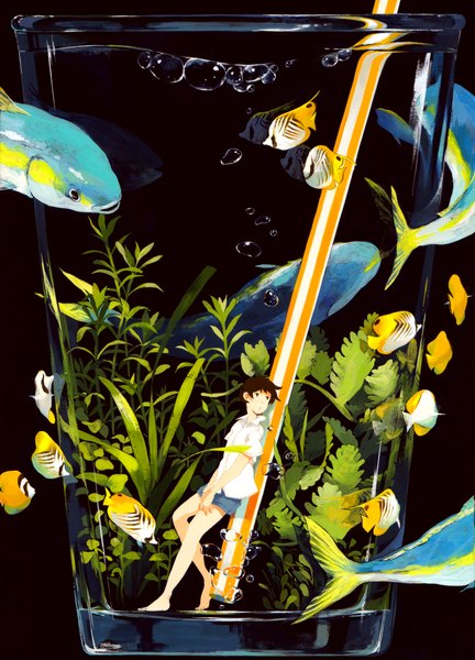 Anime picture 1258x1746 with original otonai chiaki single tall image short hair brown hair standing brown eyes looking away barefoot reflection striped underwater girl plant (plants) shirt water bubble (bubbles) fish (fishes) glass