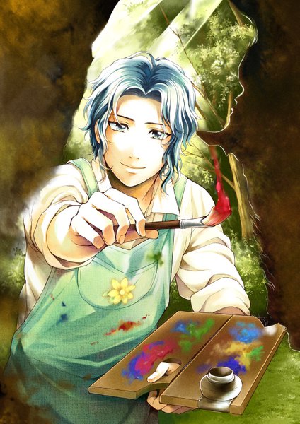Anime picture 566x800 with prince of tennis yukimura seiichi chikariya single tall image looking at viewer short hair blue eyes smile holding blue hair outstretched arm boy plant (plants) tree (trees) apron paintbrush paint art brush palette