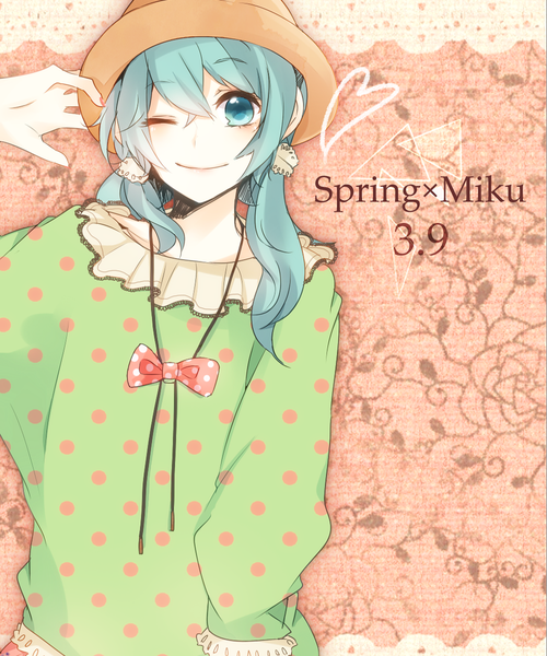 Anime picture 1000x1200 with vocaloid hatsune miku hiiro (artist) single long hair tall image looking at viewer blush smile twintails one eye closed aqua eyes wink aqua hair character names polka dot 39 girl bow hat