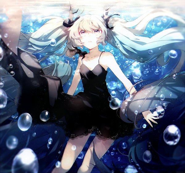 Anime picture 1032x970 with vocaloid shinkai shoujo (vocaloid) hatsune miku aka tonbo (lililil) single fringe open mouth twintails bare shoulders very long hair aqua hair grey eyes looking up underwater girl dress ribbon (ribbons) black dress bubble (bubbles)