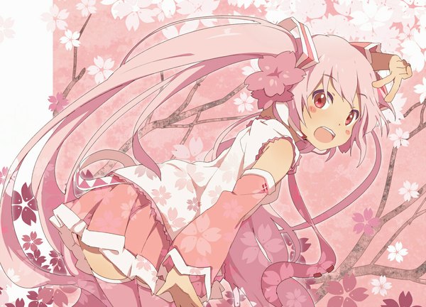 Anime picture 1179x850 with vocaloid hatsune miku sakura miku ogipote single looking at viewer blush open mouth pink hair very long hair pink eyes hair flower zettai ryouiki victory girl thighhighs skirt hair ornament flower (flowers) detached sleeves