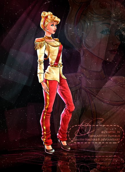 Anime picture 1024x1408 with the story of cinderella cinderella zenith-nadir69 single tall image short hair blue eyes blonde hair standing lips dark background zoom layer girl pants military uniform