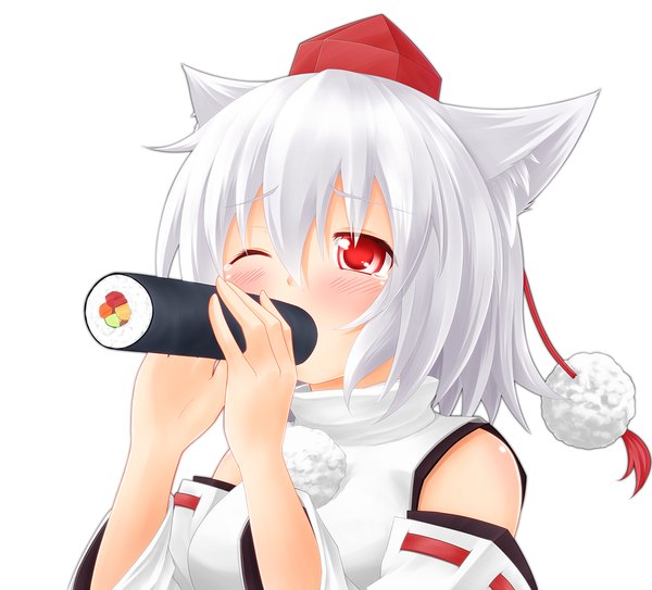 Anime picture 1200x1087 with touhou inubashiri momiji baia single blush short hair simple background red eyes white background bare shoulders animal ears white hair one eye closed wink eating wolf ears girl hat detached sleeves food