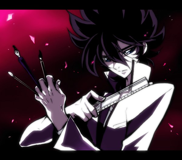 Anime picture 1139x1000 with casshern sins casshern akira-riku single blue eyes black hair boy choker paintbrush calligraphy brush ruler