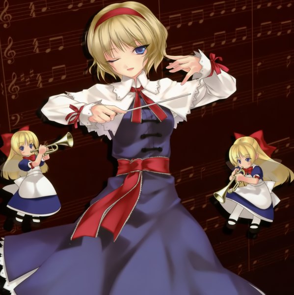 Anime picture 1692x1696 with touhou alice margatroid rokuwata tomoe long hair short hair blue eyes blonde hair one eye closed wink brown background music conductor girl dress bow hair bow hairband musical instrument musical note doll (dolls)