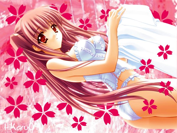 Anime picture 1600x1200 with quilt (game) airi (quilt) carnelian single long hair looking at viewer light erotic red eyes twintails pink hair ass dutch angle wallpaper underwear only pink background girl underwear panties lingerie corset