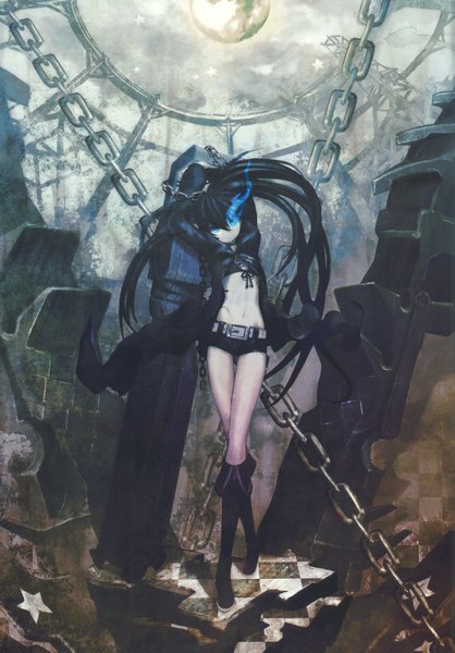 Anime picture 2428x3481 with black rock shooter black rock shooter (character) huke single long hair tall image looking at viewer blush highres blue eyes black hair twintails glowing scar glowing eye (eyes) girl navel weapon shorts thigh boots