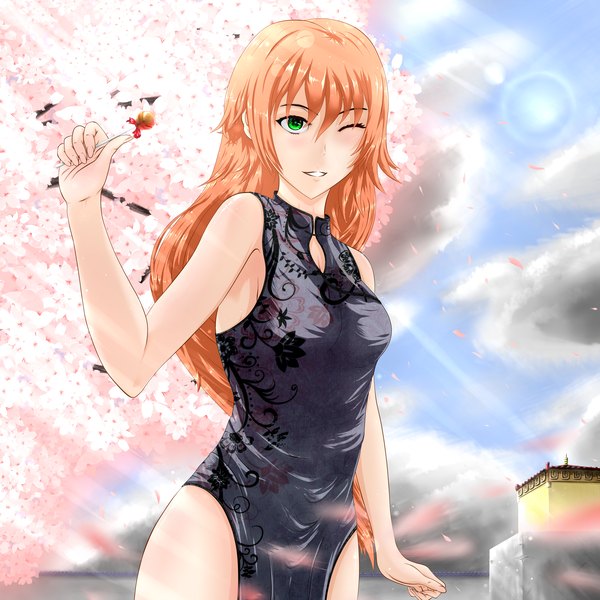 Anime picture 3000x3000 with original lao yuming (original) newovermind single long hair looking at viewer blush highres blonde hair smile green eyes sky cloud (clouds) traditional clothes one eye closed sunlight orange hair cherry blossoms floral print chinese clothes