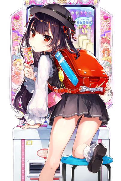 Anime picture 739x1100 with original mika pikazo single long hair tall image looking at viewer fringe light erotic black hair red eyes holding bent knee (knees) long sleeves pleated skirt looking back leaning leaning forward legs girl skirt