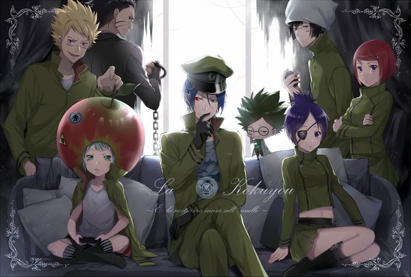 Anime picture 2062x1391 with katekyou hitman reborn rokudo mukuro chrome dokuro fran (khr) verde chikusa kakimoto joushima ken m.m. lancia ekita xuan long hair looking at viewer highres short hair black hair blonde hair sitting purple eyes multiple girls green eyes