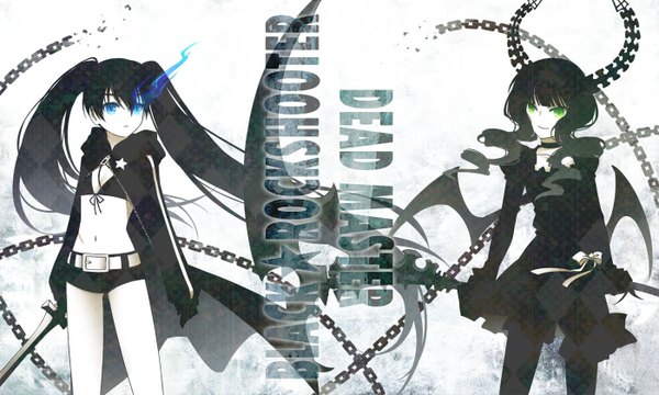 Anime picture 1400x840 with black rock shooter black rock shooter (character) dead master long hair blue eyes black hair smile wide image twintails multiple girls green eyes horn (horns) midriff girl dress gloves ribbon (ribbons) weapon 2 girls pantyhose