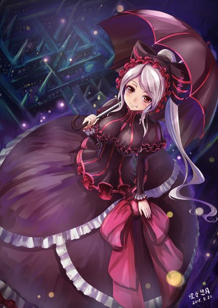 Anime picture 992x1403 with overlord (maruyama) madhouse shalltear bloodfallen huanghyy single long hair tall image looking at viewer blush breasts smile large breasts signed white hair ponytail from above teeth fang (fangs) dated lolita fashion