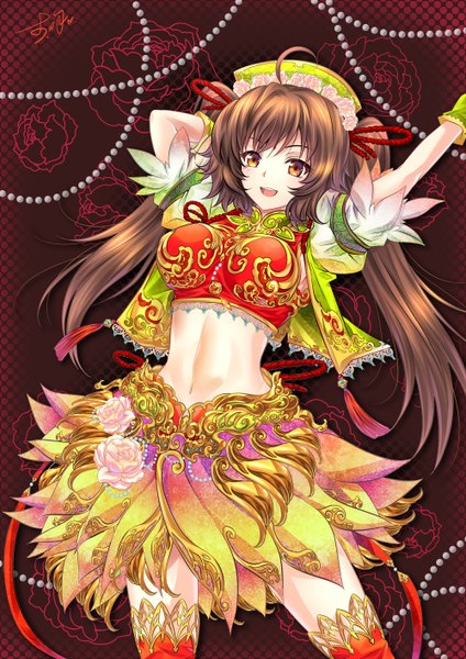 Anime picture 1000x1414 with original riyun single long hair tall image looking at viewer open mouth brown hair twintails brown eyes midriff girl dress navel flower (flowers)