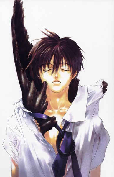 Anime picture 2454x3800 with okazaki takeshi single tall image highres short hair black hair simple background white background eyes closed scan open clothes open shirt boy necktie