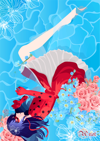 Anime picture 2489x3501 with miraculous ladybug marinette cheng ladybug (character) anot single tall image highres short hair signed blue hair full body profile barefoot partially submerged alternate hairstyle sleeping hair down girl dress gloves