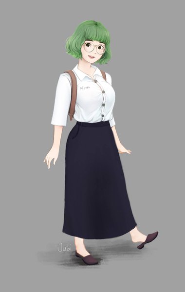 Anime picture 1299x2048 with original momo (jubi) jubi (regiana) single tall image looking at viewer fringe short hair breasts open mouth simple background large breasts standing green eyes signed full body blunt bangs green hair realistic grey background