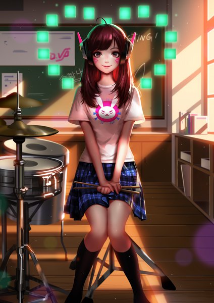 Anime picture 3534x5000 with overwatch blizzard entertainment d.va (overwatch) liang xing single long hair tall image looking at viewer highres smile brown hair sitting holding brown eyes signed absurdres ahoge indoors pleated skirt sunlight