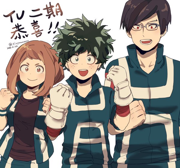 Anime picture 900x839 with boku no hero academia studio bones uraraka ochako midoriya izuku iida tenya xi yuu short hair open mouth black hair simple background smile red eyes brown hair white background brown eyes green eyes signed upper body green hair multiple boys