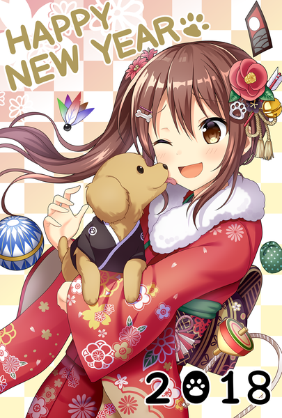 Anime picture 1181x1748 with original yuusa single long hair tall image blush fringe open mouth hair between eyes brown hair brown eyes traditional clothes japanese clothes one eye closed side ponytail new year revision checkered checkered background happy new year