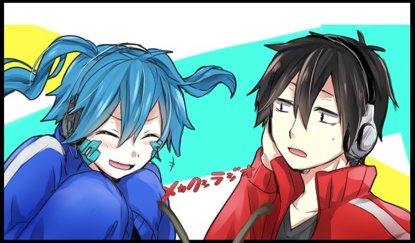 Anime picture 1200x705 with kagerou project shaft (studio) ene (kagerou project) kisaragi shintarou tomozero blush fringe short hair open mouth black hair hair between eyes wide image blue hair looking away eyes closed long sleeves black eyes two side up text framed