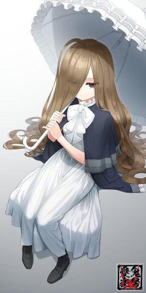 Anime picture 2894x5800 with sousou no frieren sense (sousou no frieren) kido airaku single long hair tall image fringe highres simple background brown hair sitting brown eyes full body ahoge from above hair over one eye gradient background girl dress white dress