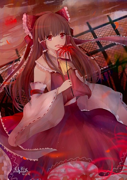 Anime picture 707x1000 with touhou hakurei reimu bai qi-qsr single long hair tall image looking at viewer fringe open mouth red eyes brown hair holding cloud (clouds) traditional clothes japanese clothes wide sleeves miko girl dress skirt