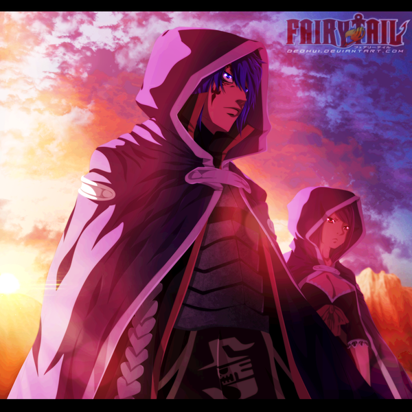 Anime picture 2200x2200 with fairy tail jellal fernandes meredy (fairy tail) deohvi highres short hair blue eyes red eyes blue hair pink hair sky cloud (clouds) sunlight inscription tattoo coloring facial mark watermark evening sunset