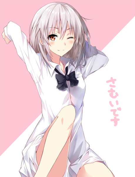 Anime picture 661x864 with original tsuedzu single tall image looking at viewer blush fringe short hair simple background smile red eyes white background sitting silver hair long sleeves one eye closed arms up text pink background stretch