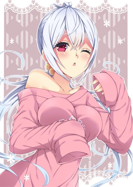 Anime picture 1100x1539 with phantasy star phantasy star online 2 sega matoi (pso2) milkpanda single long hair tall image blush breasts open mouth red eyes bare shoulders white hair one eye closed girl