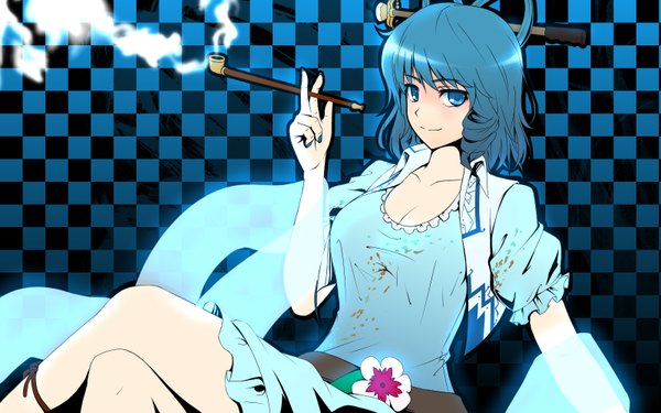 Anime picture 1600x1000 with touhou kaku seiga gayprince single short hair blue eyes wide image blue hair smoking checkered background girl dress hair ornament pipe kiseru