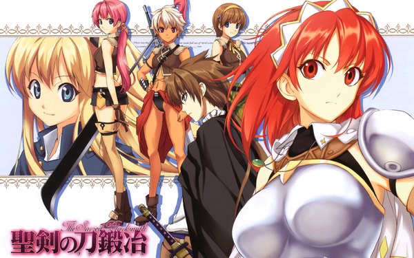 Anime picture 1920x1200 with seiken no blacksmith cecily cambell luke ainsworth charlotte e firobisher doris (seiken no blacksmith) margot (seiken no blacksmith) penelope (seiken no blacksmith) long hair looking at viewer highres short hair blue eyes light erotic blonde hair red eyes brown hair wide image multiple girls pink hair white hair