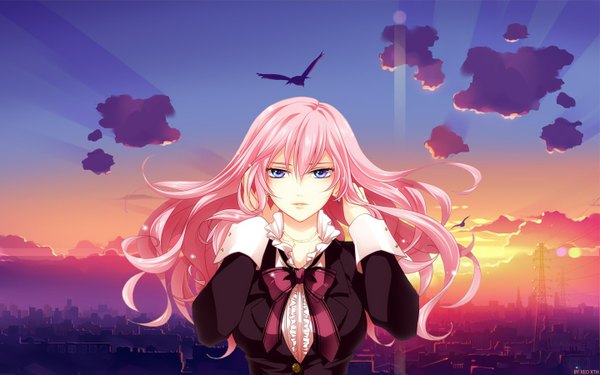 Anime picture 1440x900 with vocaloid megurine luka long hair blue eyes wide image pink hair sky cityscape girl animal bird (birds)