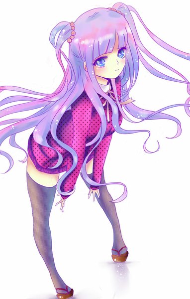 Anime picture 700x1100 with original shinami aya single long hair tall image looking at viewer blush breasts blue eyes simple background white background twintails purple hair long sleeves multicolored hair light smile leaning leaning forward gradient hair girl