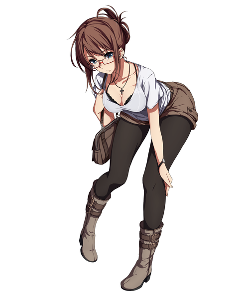 Anime picture 1845x2267 with original sblack single tall image looking at viewer highres short hair blue eyes brown hair white background leaning leaning forward girl pantyhose glasses shorts boots lingerie bra black pantyhose