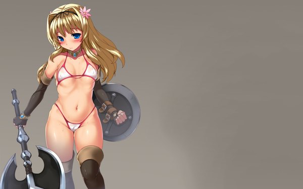 Anime picture 1920x1200 with to heart 2 leaf (studio) kusugawa sasara imazon long hair blush highres blue eyes light erotic simple background blonde hair wide image hair flower grey background girl hair ornament swimsuit bikini necklace shield
