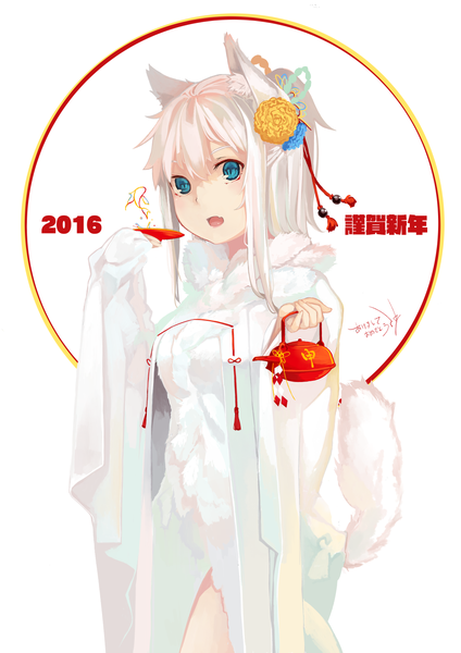 Anime picture 1110x1571 with original yes warabi single long hair tall image looking at viewer open mouth hair between eyes white background signed animal ears payot white hair tail traditional clothes animal tail aqua eyes inscription fox ears fox tail