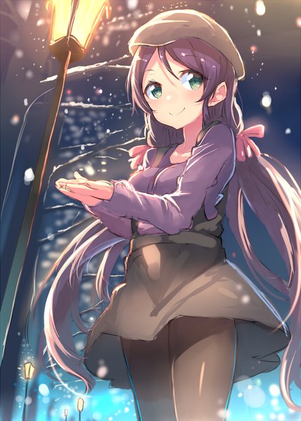 Anime picture 1024x1431 with love live! school idol project sunrise (studio) love live! toujou nozomi hajime kaname single long hair tall image blush smile standing twintails green eyes looking away purple hair night from below night sky low twintails light