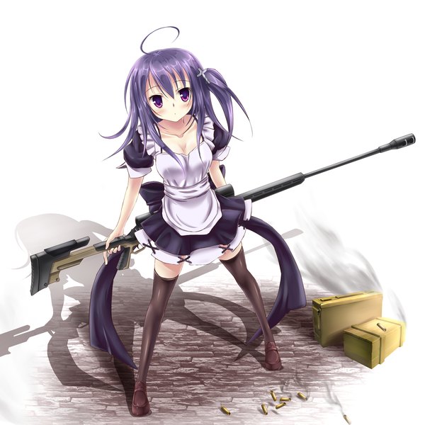 Anime picture 2700x2700 with original zi se single long hair blush highres white background purple eyes cleavage purple hair ahoge shadow maid one side up girl thighhighs dress bow weapon black thighhighs