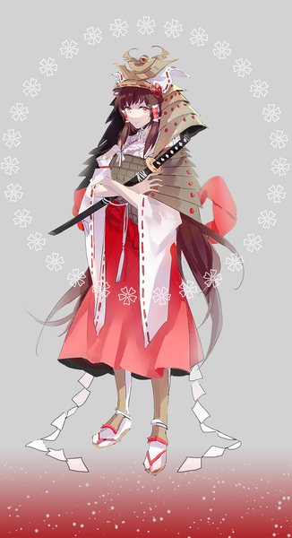 Anime picture 700x1286 with touhou hakurei reimu nanobe single tall image looking at viewer red eyes brown hair full body very long hair traditional clothes japanese clothes crossed arms samurai girl skirt weapon sword armor katana